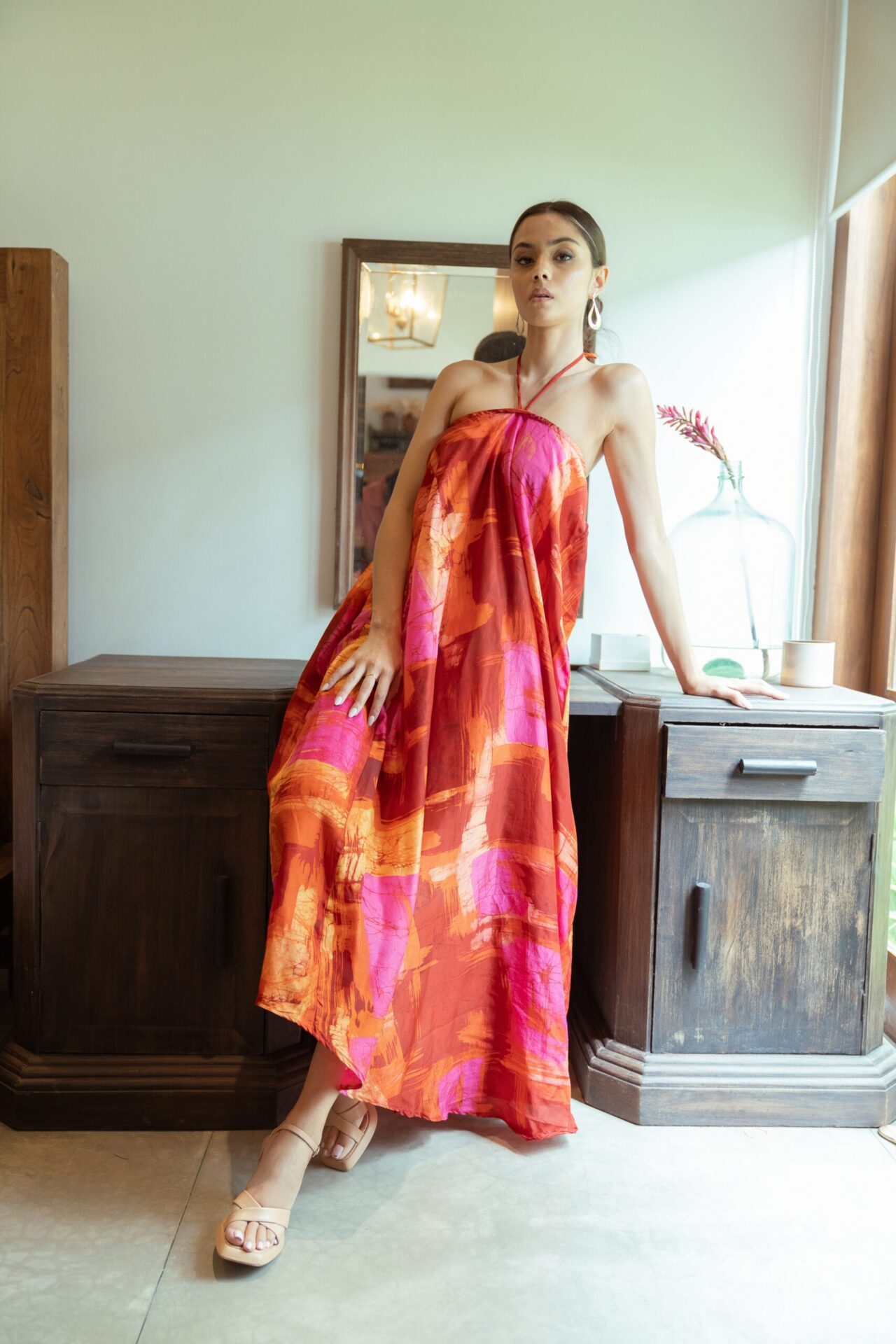 Franze Flowy Maxi Dress in Pink and Orange Silk Batik