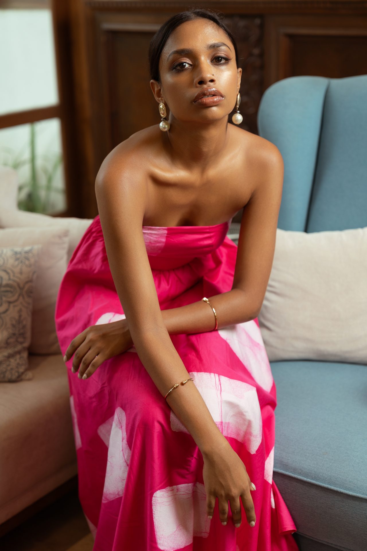 Zori Strapless Batik Maxi Dress in Pink