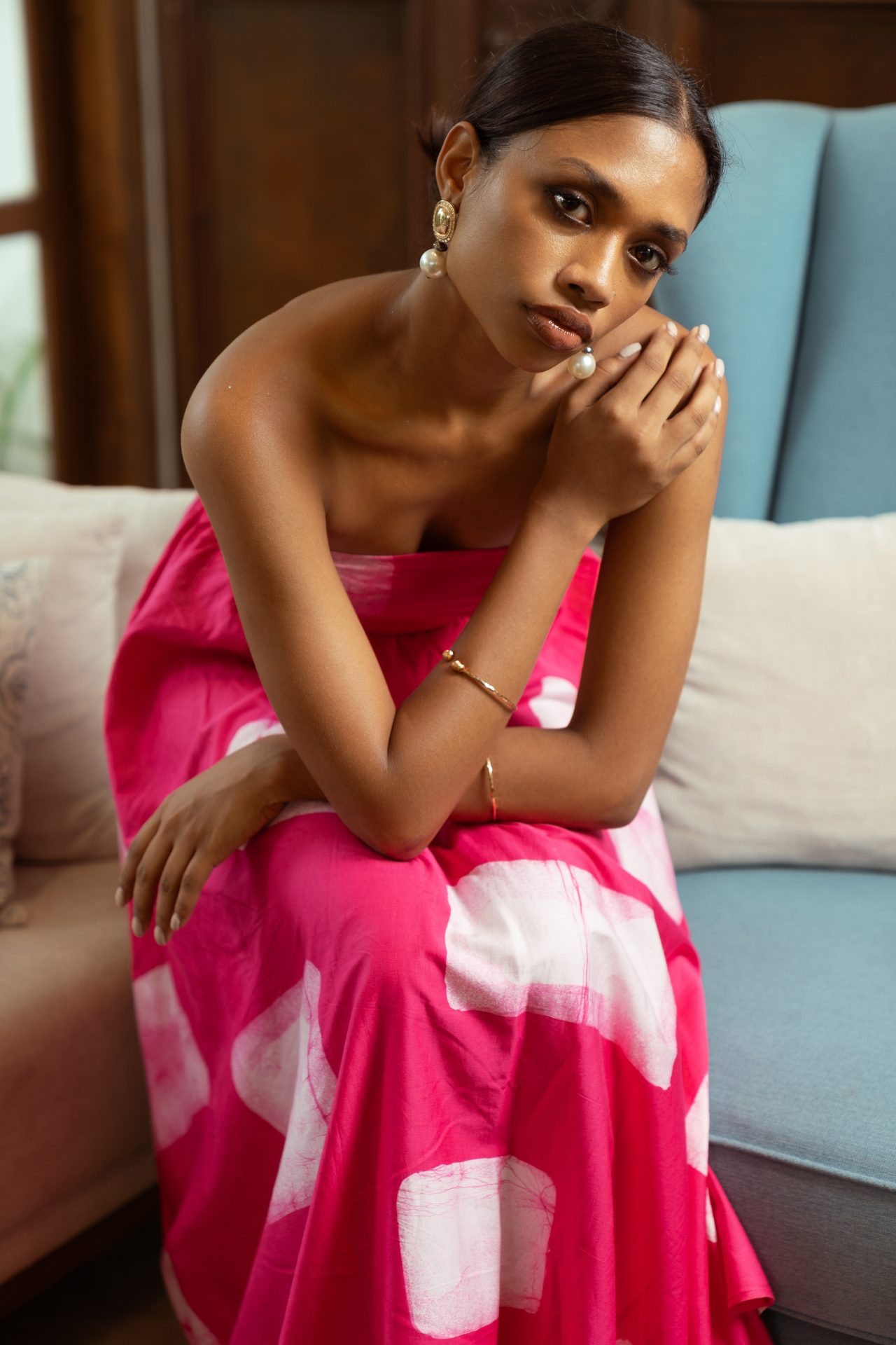 Zori Strapless Batik Maxi Dress in Pink