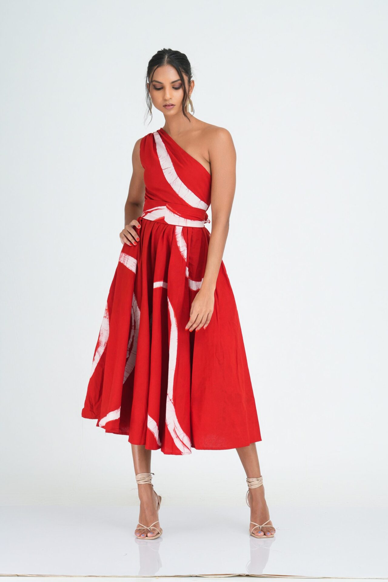 Myla Flared One Shoulder Midi Dress in Red