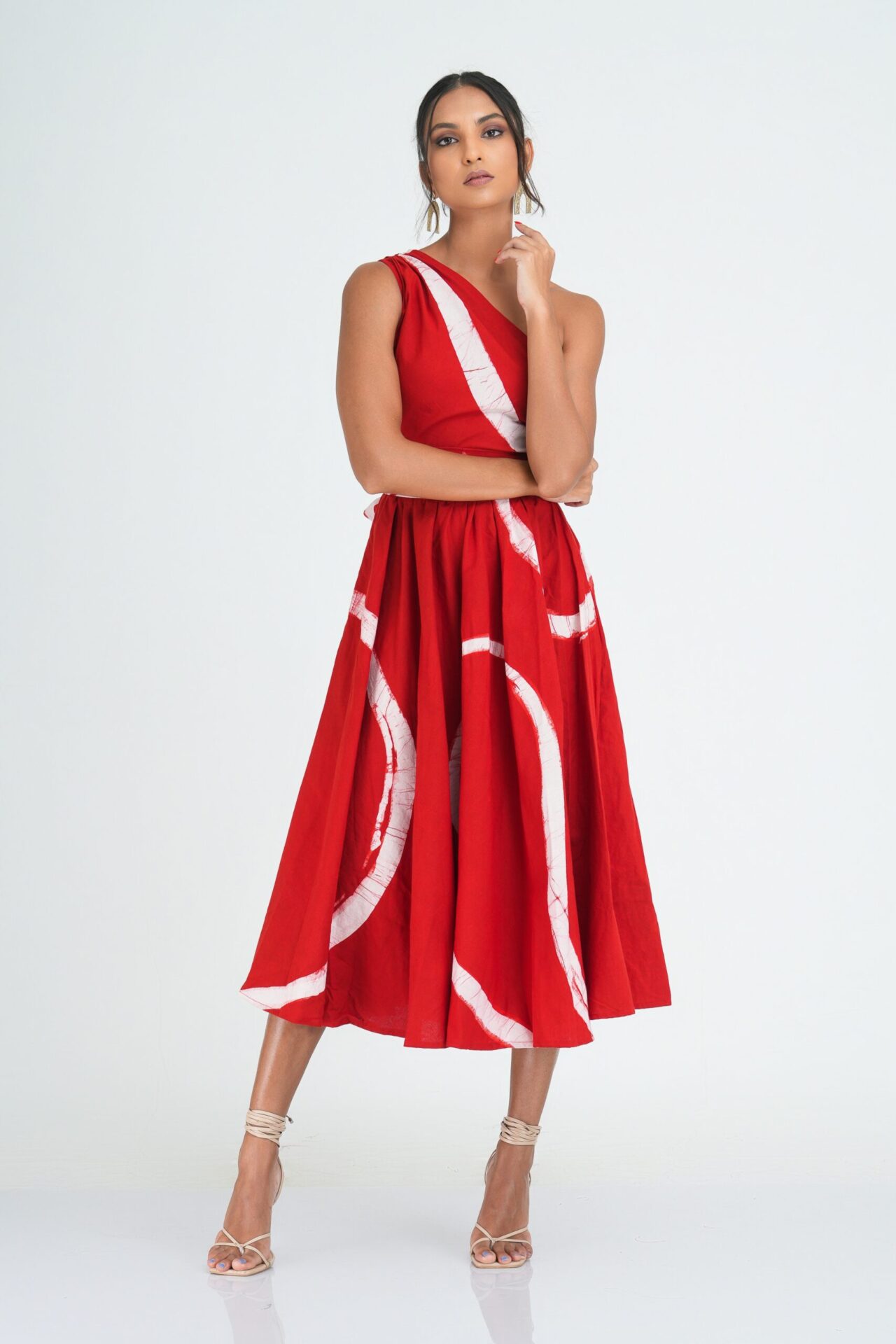 Myla Flared One Shoulder Midi Dress in Red
