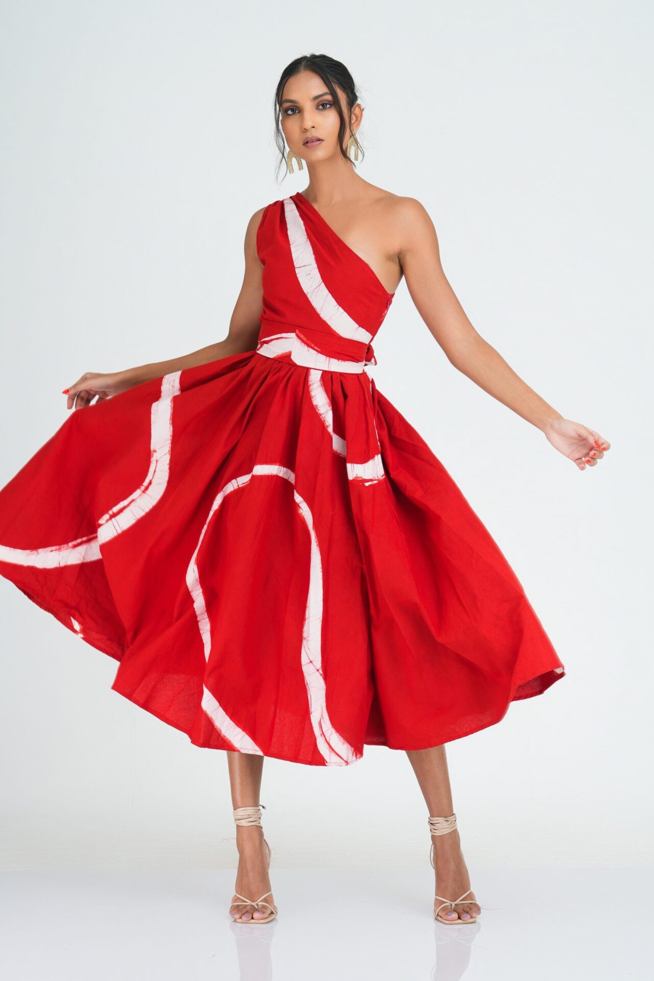 Myla Flared One Shoulder Midi Dress in Red