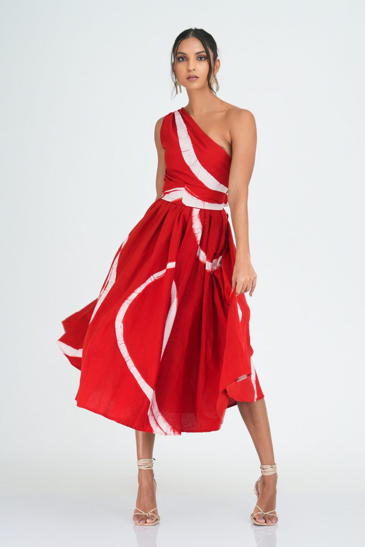 Myla Flared One Shoulder Midi Dress in Red
