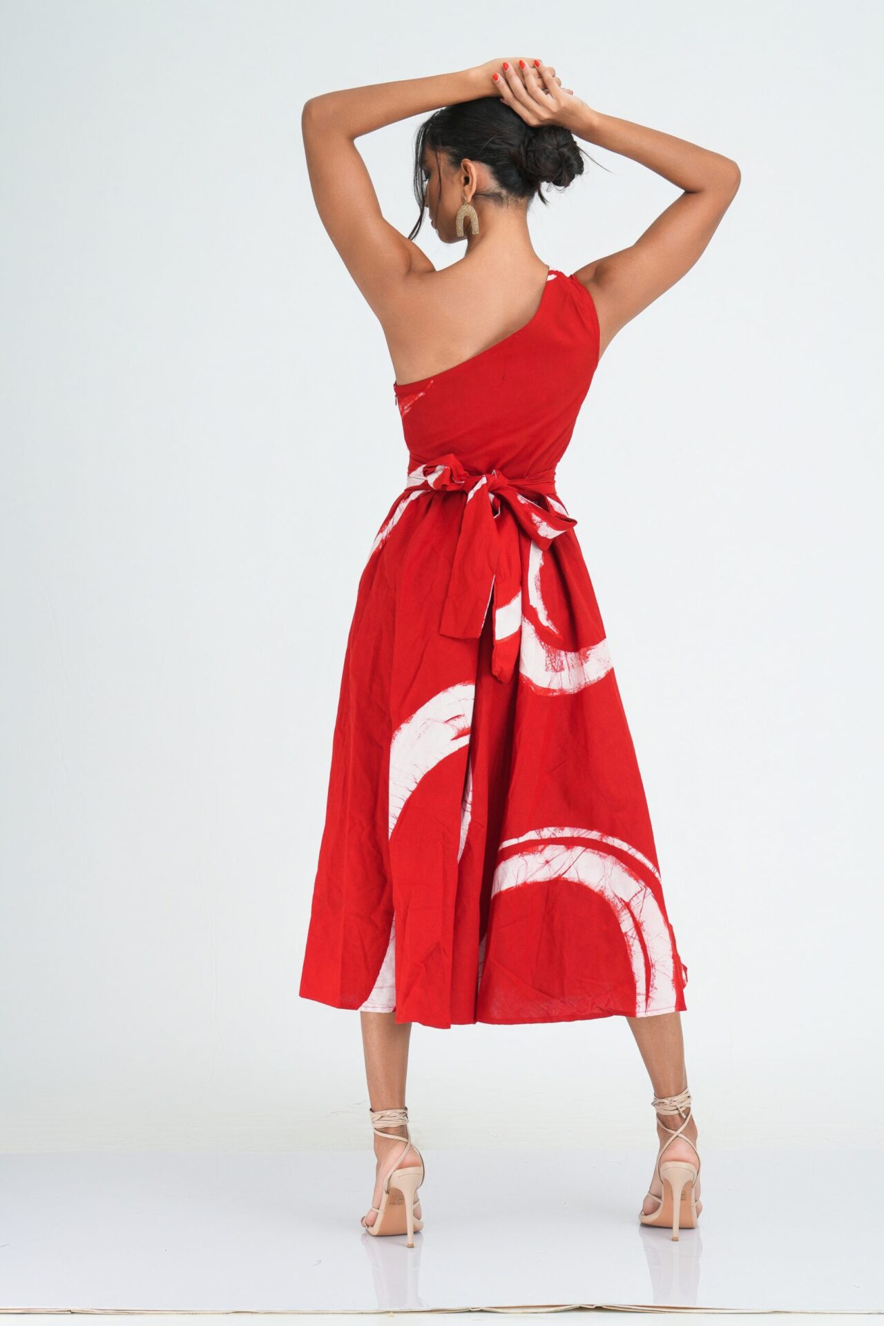 Myla Flared One Shoulder Midi Dress in Red