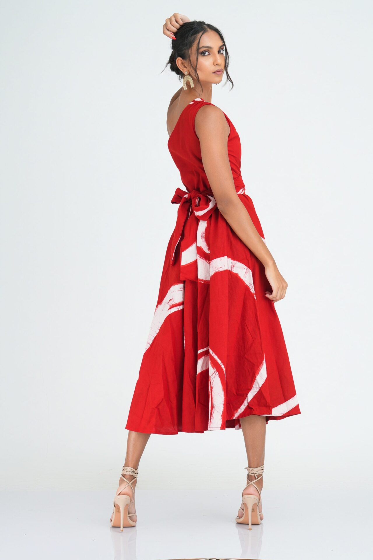 Myla Flared One Shoulder Midi Dress in Red