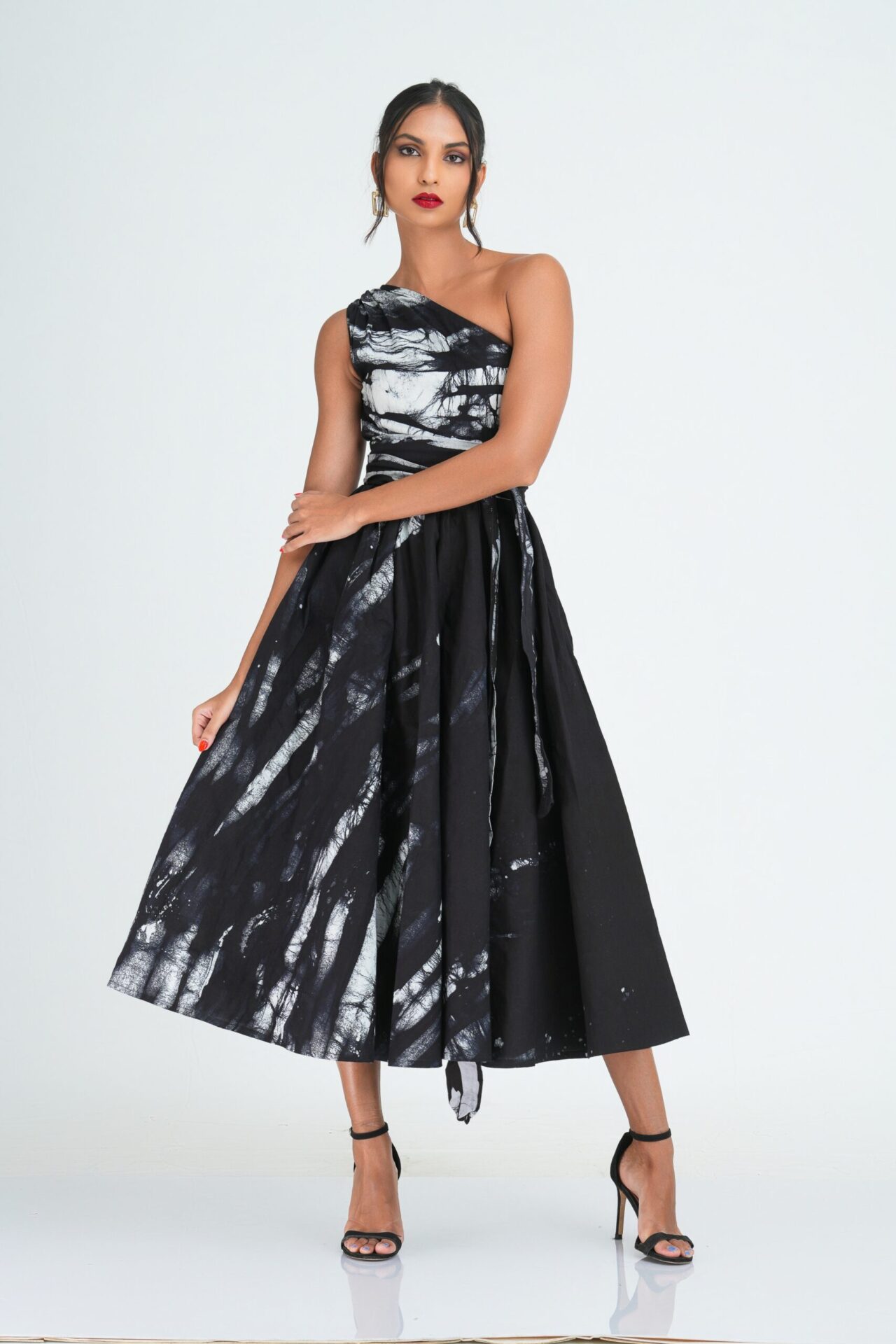 Myla Flared One Shoulder Midi Dress in Black