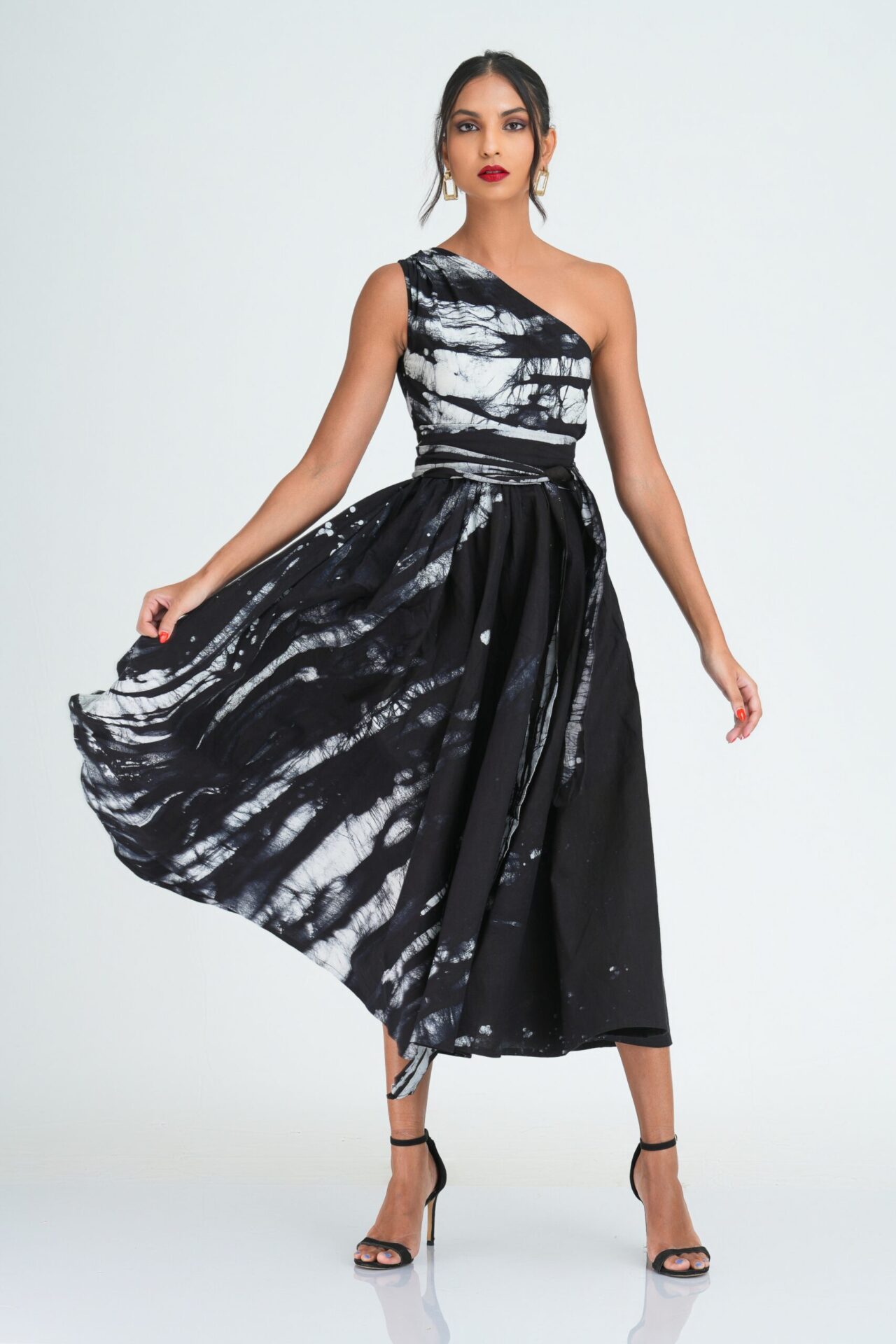 Myla Flared One Shoulder Midi Dress in Black