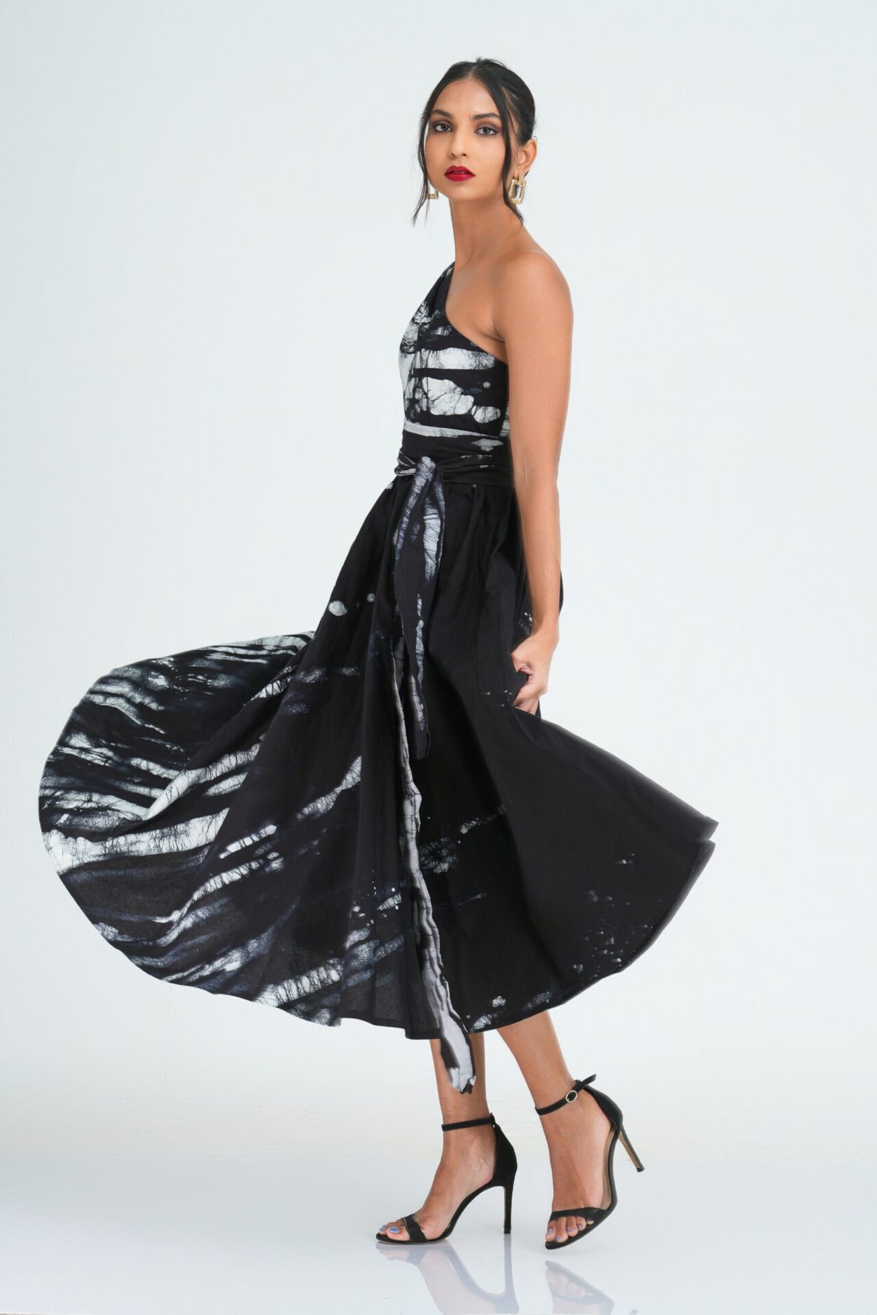 Myla Flared One Shoulder Midi Dress in Black