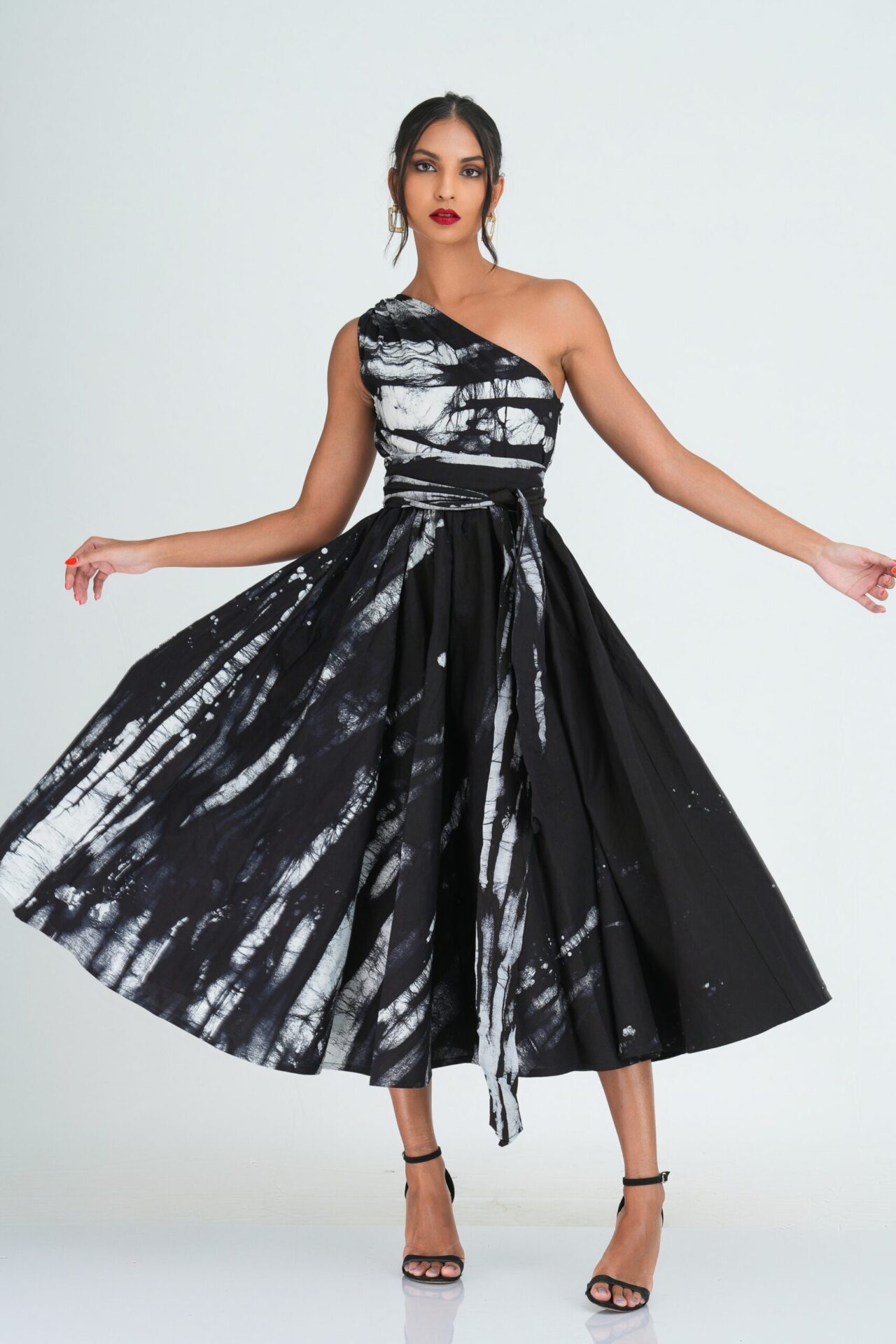 Myla Flared One Shoulder Midi Dress in Black
