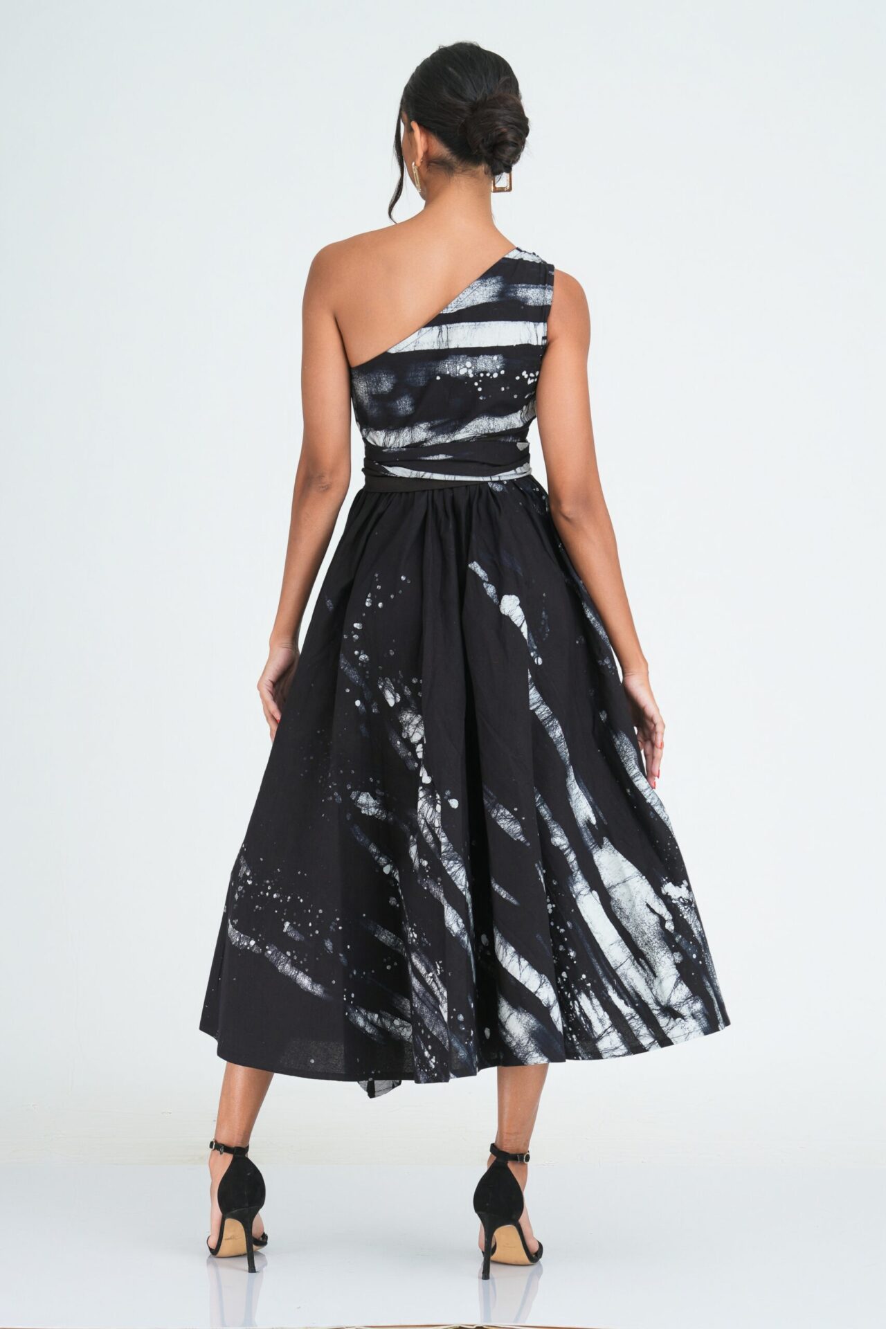 Myla Flared One Shoulder Midi Dress in Black