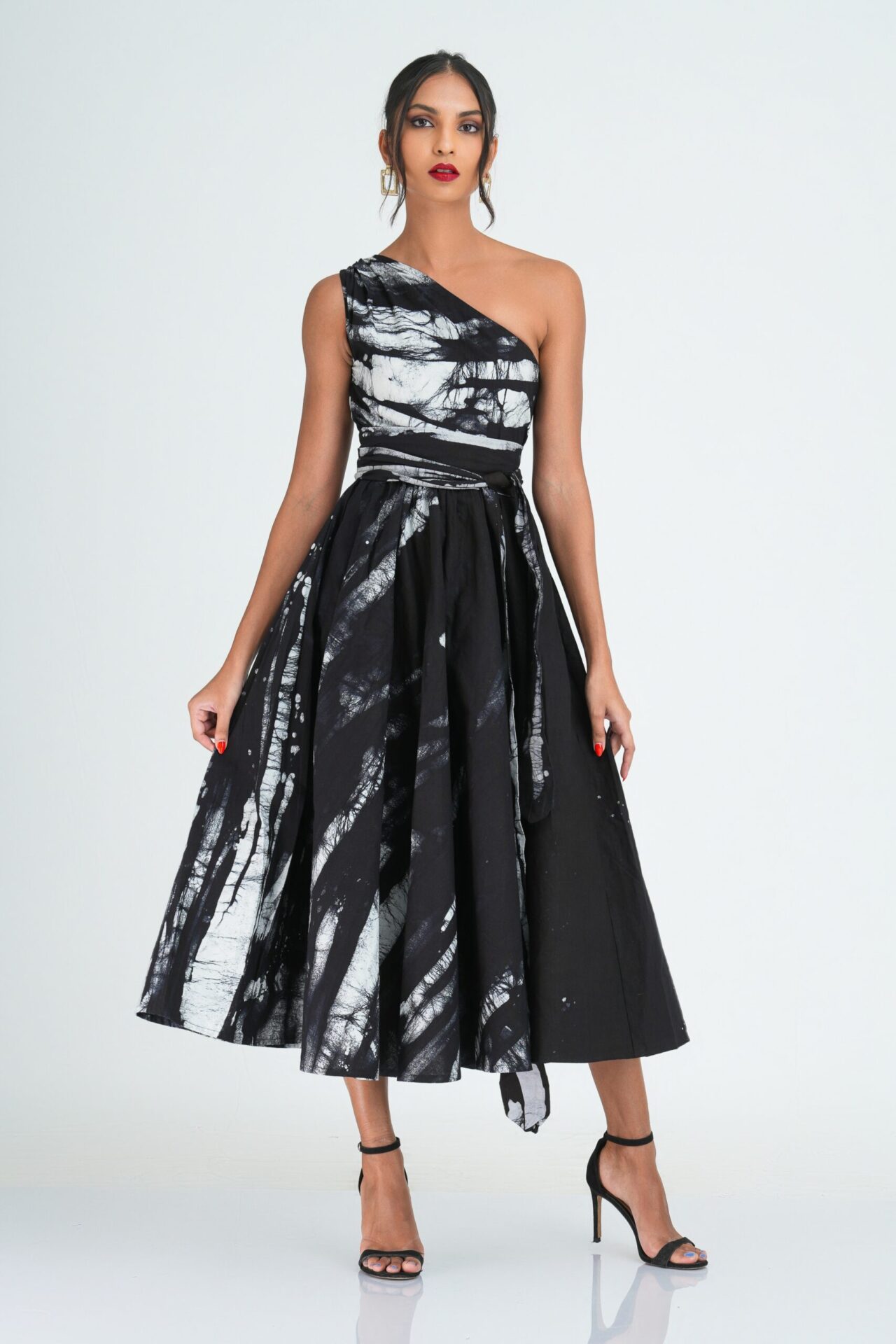 Myla Flared One Shoulder Midi Dress in Black